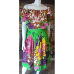 Handmade Vibrant Floral Cotton 2 Piece 50's Look Skirt Set Size Small